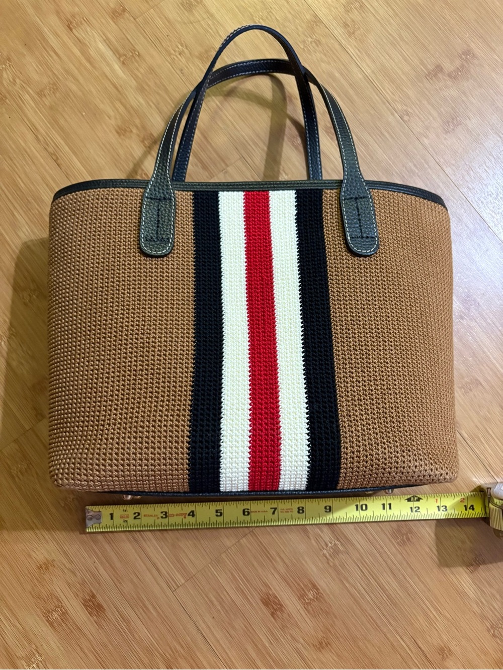 Striped Knit Tote Bag - Tan with Black, Red & White Accent